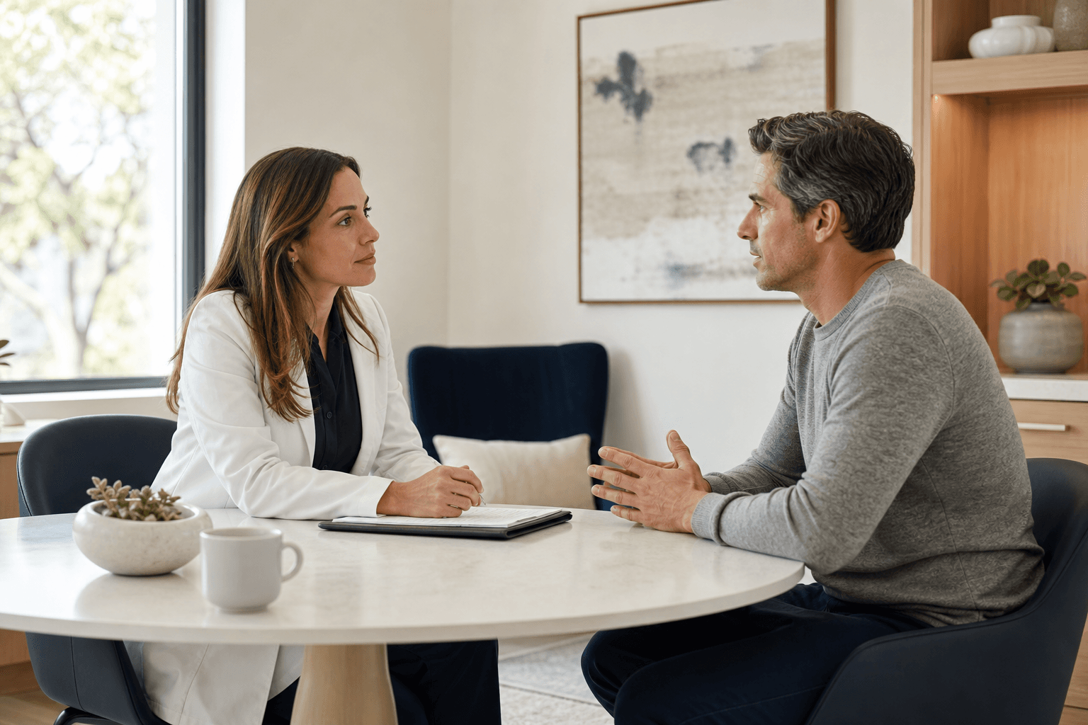 A clinician and patient having a calm primary care conversation.