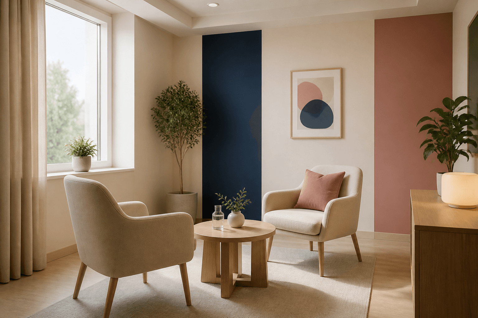 A bright, quiet healthcare space prepared for a patient conversation.